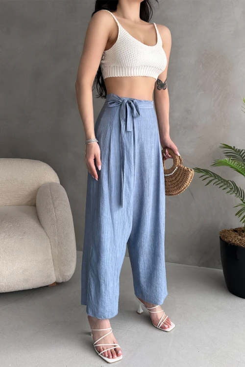 Havacı Mavi Bağlamalı Anvelop Kesim Salaş Keten Dokuma Pantolon BCDF-251108