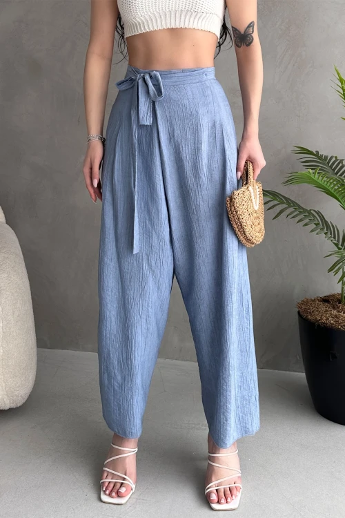 Havacı Mavi Bağlamalı Anvelop Kesim Salaş Keten Dokuma Pantolon BCDF-251108