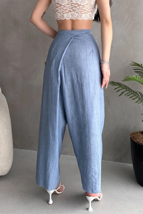 Havacı Mavi Bağlamalı Anvelop Kesim Salaş Keten Dokuma Pantolon BCDF-251108