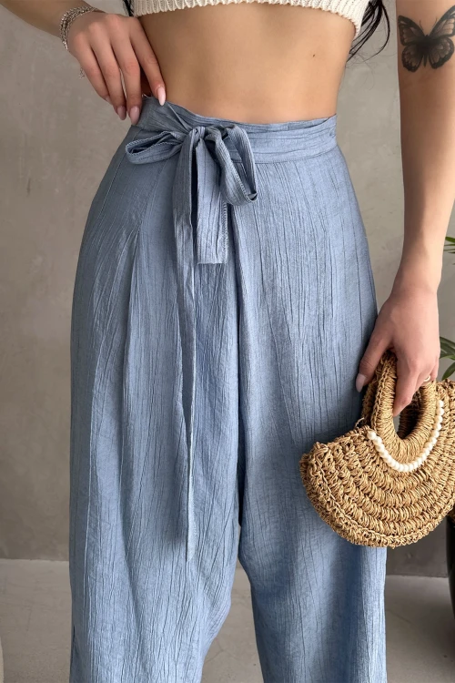 Havacı Mavi Bağlamalı Anvelop Kesim Salaş Keten Dokuma Pantolon BCDF-251108