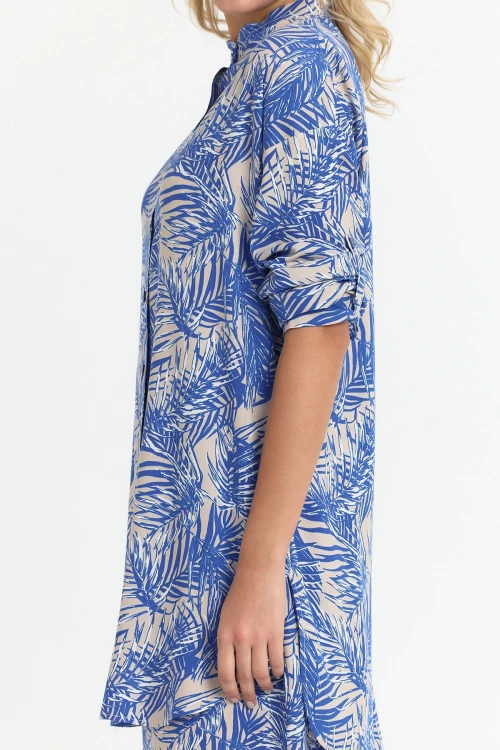 İndigo Çiçek Desenli Uzun Tunik Ve Pantolon Dokuma Viscon Alt Üst Takım BCVL-25V053-2