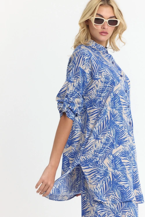 İndigo Çiçek Desenli Uzun Tunik Ve Pantolon Dokuma Viscon Alt Üst Takım BCVL-25V053-2