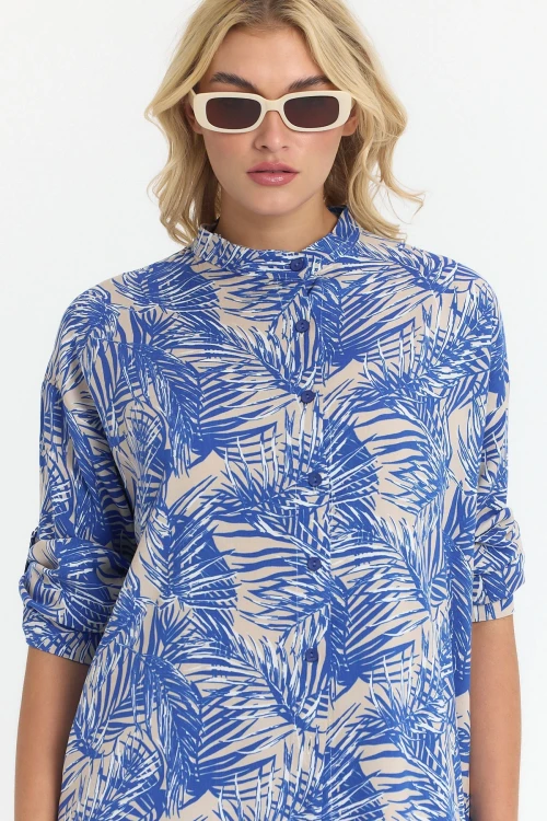 İndigo Çiçek Desenli Uzun Tunik Ve Pantolon Dokuma Viscon Alt Üst Takım BCVL-25V053-2