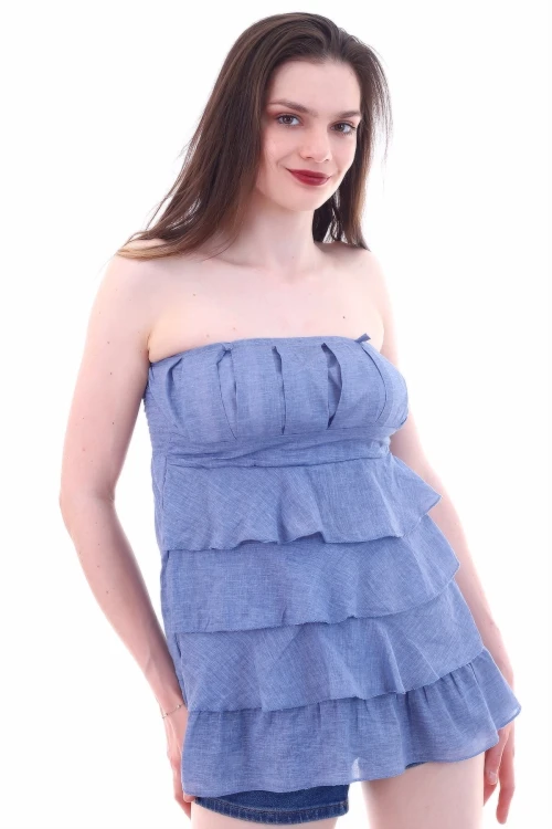 İndigo Eteği Kat Kat Fırfırlı Nervürlü Straplez Bluz CO-2520053022