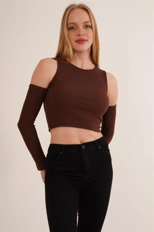 Kahve Omuz Dekoltekli Uzun Kol Pamuklu Kaşkorse Bluz CO-2523254280