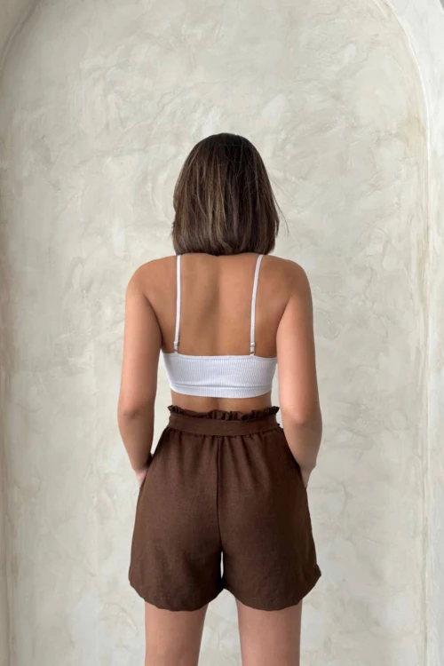 Kahverengi Beli Büzgülü Kuşak Detaylı Lastikli Keten Şort BCHN-2525265