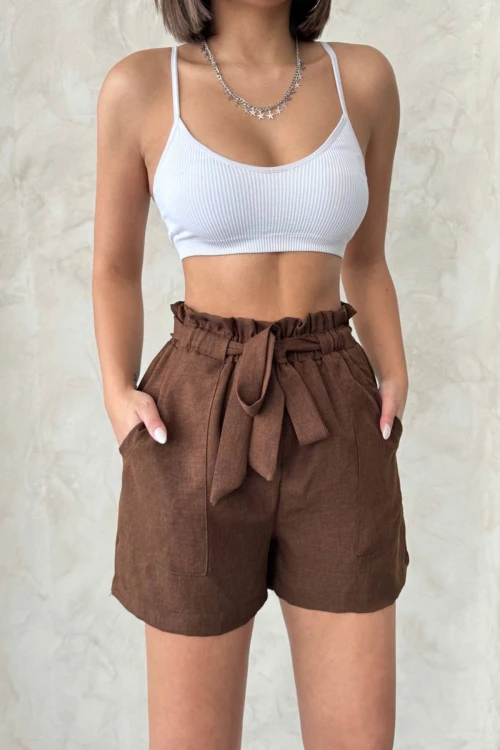 Kahverengi Beli Büzgülü Kuşak Detaylı Lastikli Keten Şort BCHN-2525265