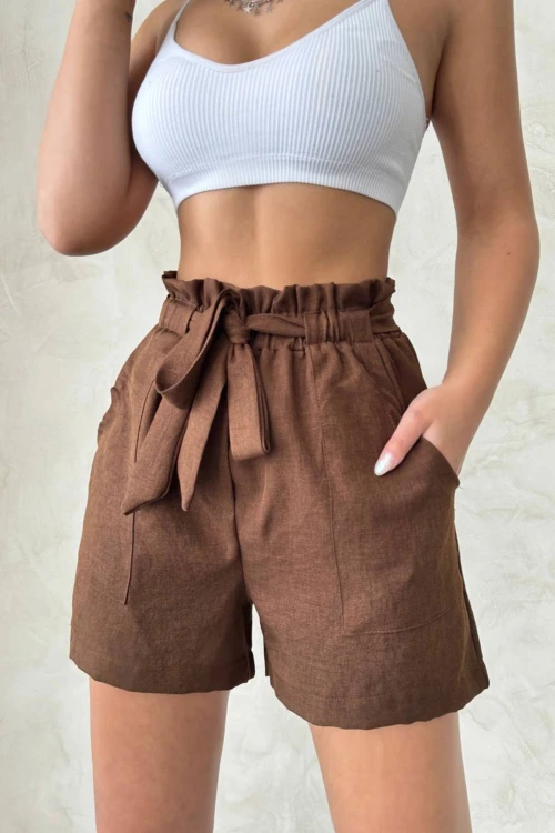 Kahverengi Beli Büzgülü Kuşak Detaylı Lastikli Keten Şort BCHN-2525265
