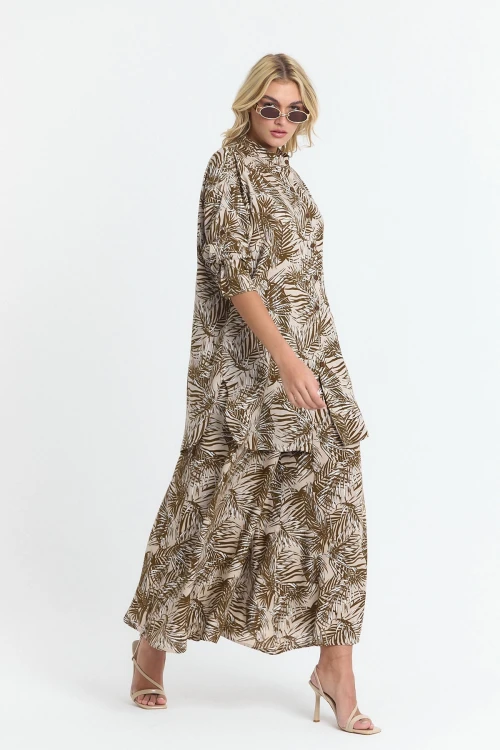 Kahverengi Çiçek Desenli Uzun Tunik Ve Pantolon Dokuma Viscon Alt Üst Takım BCVL-25V053-2