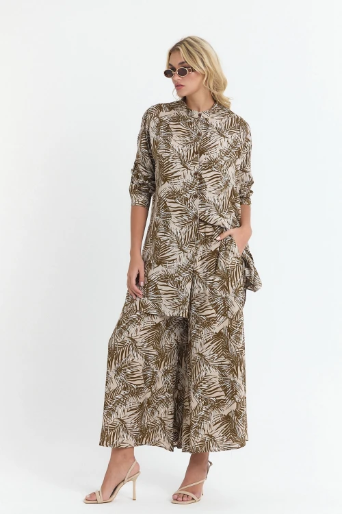 Kahverengi Çiçek Desenli Uzun Tunik Ve Pantolon Dokuma Viscon Alt Üst Takım BCVL-25V053-2