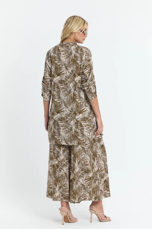 Kahverengi Çiçek Desenli Uzun Tunik Ve Pantolon Dokuma Viscon Alt Üst Takım BCVL-25V053-2