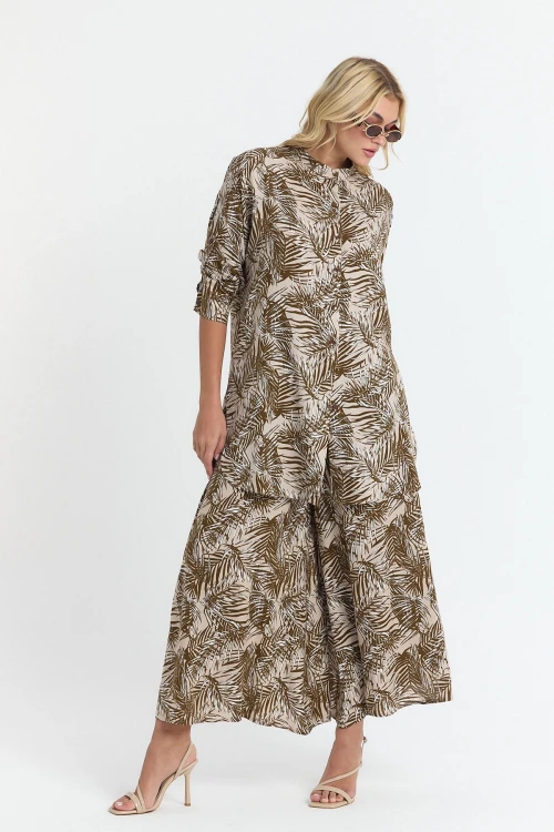 Kahverengi Çiçek Desenli Uzun Tunik Ve Pantolon Dokuma Viscon Alt Üst Takım BCVL-25V053-2