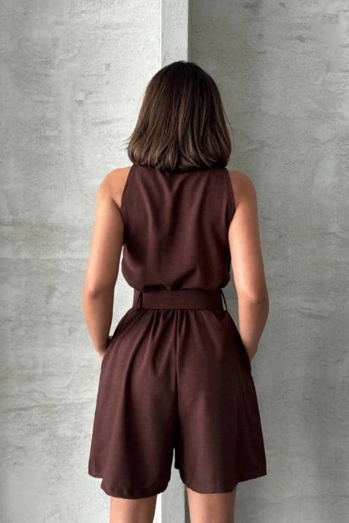 Kahverengi Kemerli Çift Cepli Yakalı Dokuma Tulum BCHN-255010