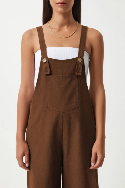 Kahverengi Önü Cepli Askılı Yazlık Gabardin Bahçıvan Tulum