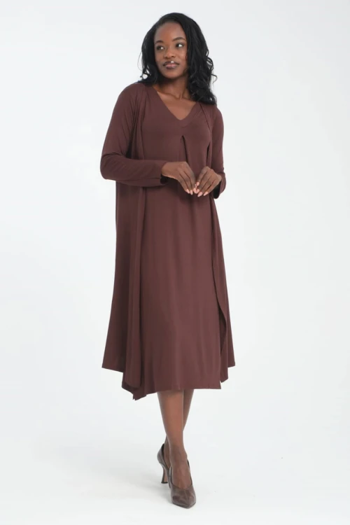 Kahverengi V Yaka Kolsuz Elbise Ve Uzun Hırkalı Yumuşak Dokulu Viscon Alt Üst Takım BCVS-253000