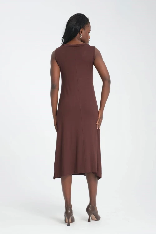 Kahverengi V Yaka Kolsuz Elbise Ve Uzun Hırkalı Yumuşak Dokulu Viscon Alt Üst Takım BCVS-253000