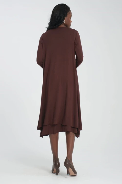 Kahverengi V Yaka Kolsuz Elbise Ve Uzun Hırkalı Yumuşak Dokulu Viscon Alt Üst Takım BCVS-253000