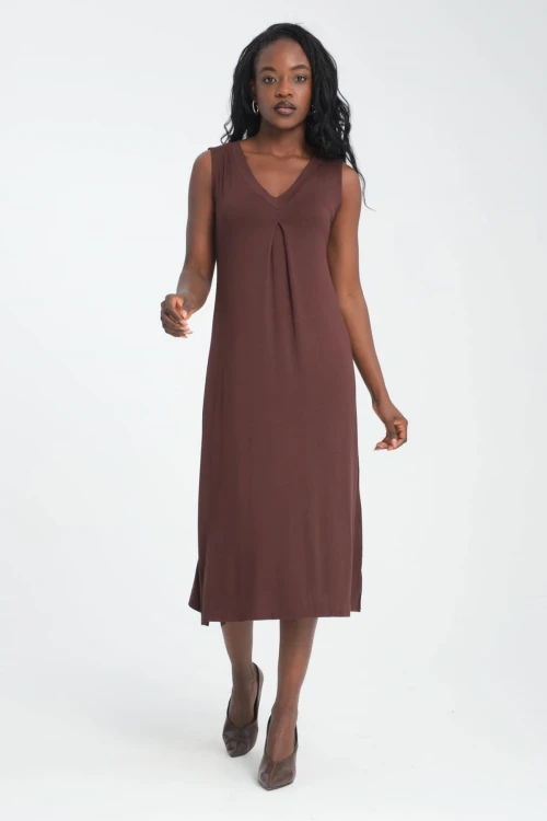 Kahverengi V Yaka Kolsuz Elbise Ve Uzun Hırkalı Yumuşak Dokulu Viscon Alt Üst Takım BCVS-253000