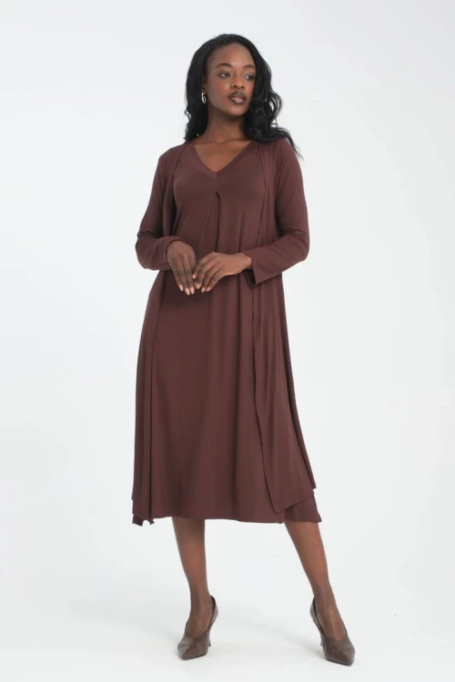 Kahverengi V Yaka Kolsuz Elbise Ve Uzun Hırkalı Yumuşak Dokulu Viscon Alt Üst Takım BCVS-253000