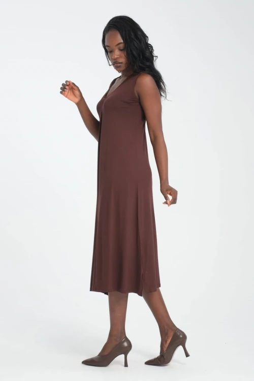 Kahverengi V Yaka Kolsuz Elbise Ve Uzun Hırkalı Yumuşak Dokulu Viscon Alt Üst Takım BCVS-253000