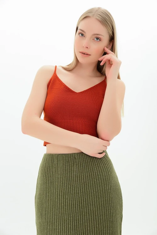 Kiremit Askılı V Yaka Crop Triko Bluz CO-259116167