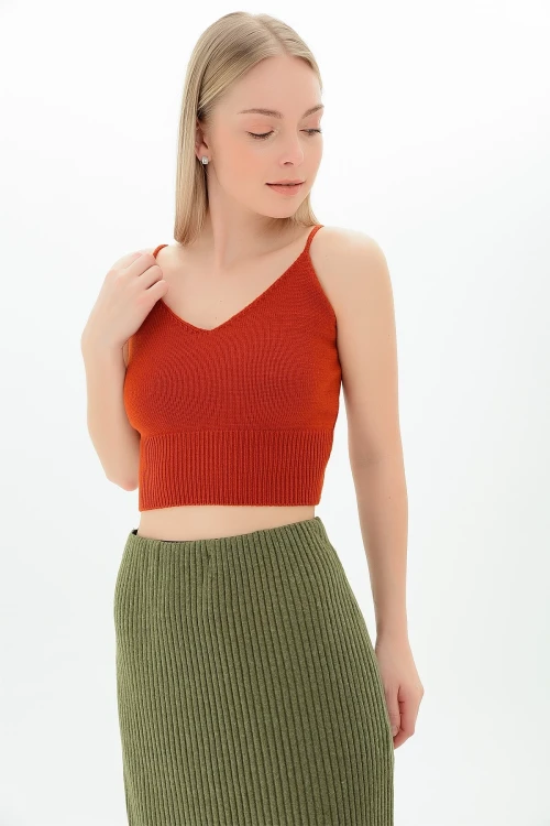 Kiremit Askılı V Yaka Crop Triko Bluz CO-259116167