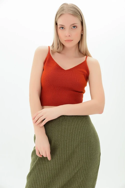 Kiremit Askılı V Yaka Crop Triko Bluz CO-259116167