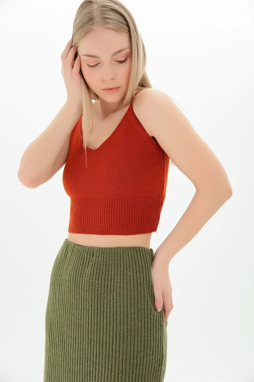 Kiremit Askılı V Yaka Crop Triko Bluz CO-259116167