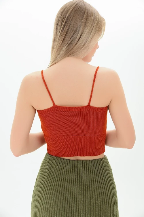 Kiremit Askılı V Yaka Crop Triko Bluz CO-259116167