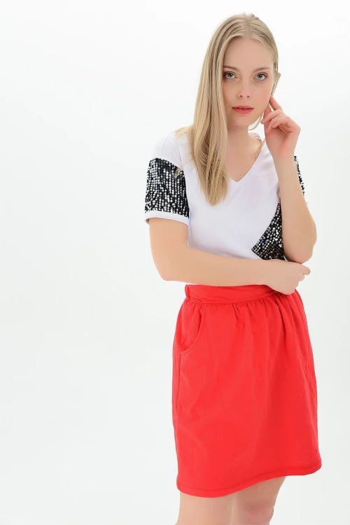 Kırmızı Beli Lastikli Cepli 2 İplik Etek CO-259111111