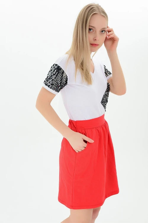 Kırmızı Beli Lastikli Cepli 2 İplik Etek CO-259111111