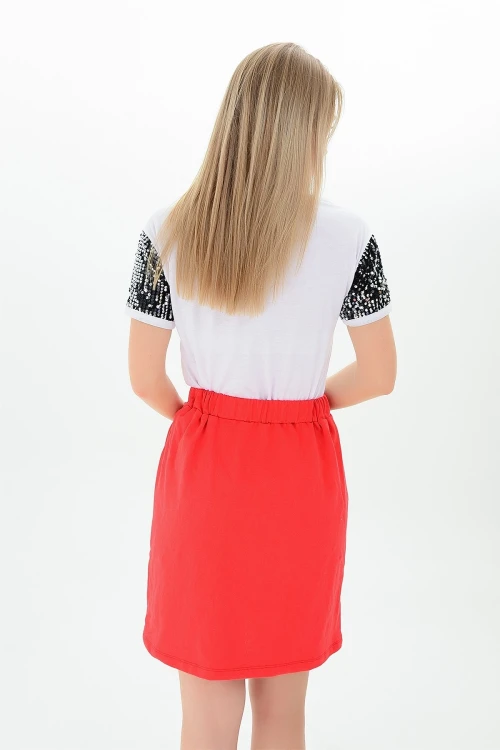 Kırmızı Beli Lastikli Cepli 2 İplik Etek CO-259111111