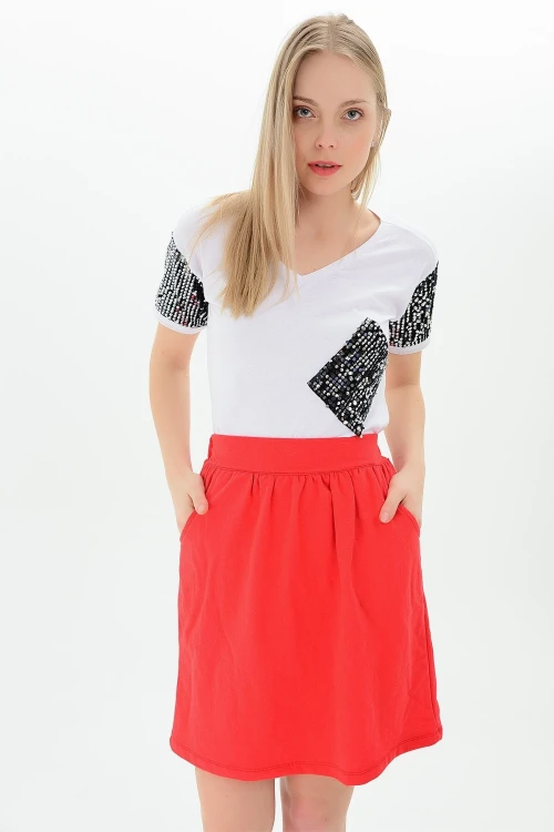 Kırmızı Beli Lastikli Cepli 2 İplik Etek CO-259111111