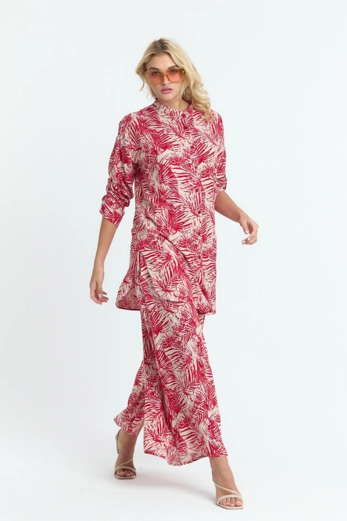 Kırmızı Çiçek Desenli Uzun Tunik Ve Pantolon Dokuma Viscon Alt Üst Takım BCVL-25V053-2