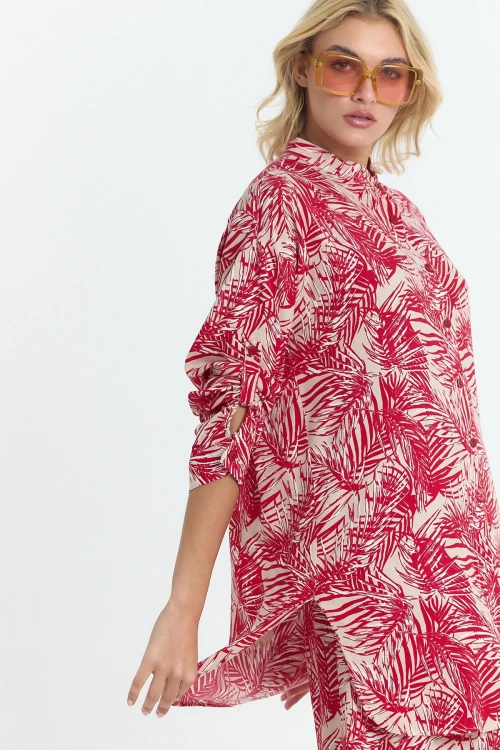 Kırmızı Çiçek Desenli Uzun Tunik Ve Pantolon Dokuma Viscon Alt Üst Takım BCVL-25V053-2