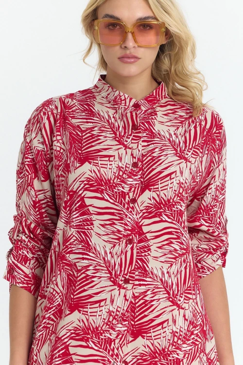 Kırmızı Çiçek Desenli Uzun Tunik Ve Pantolon Dokuma Viscon Alt Üst Takım BCVL-25V053-2