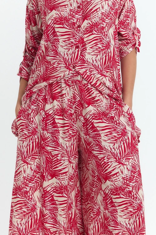 Kırmızı Çiçek Desenli Uzun Tunik Ve Pantolon Dokuma Viscon Alt Üst Takım BCVL-25V053-2