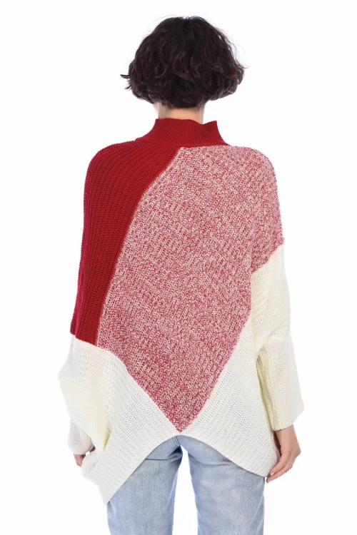 Kırmızı Patchwork Desenli Triko Kazak CO-258400017