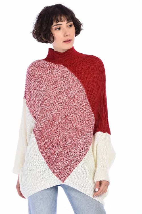 Kırmızı Patchwork Desenli Triko Kazak CO-258400017