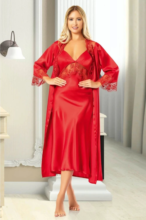 Kırmızı Saten Dantel Detaylı Gecelik Sabahlık Ikili Takım BCAN-252606