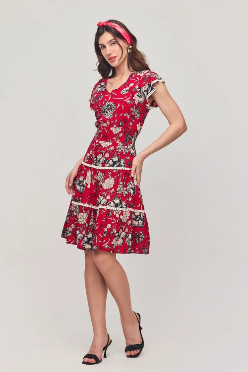 Kırmızı V Yaka Nervürlü Çiçek Desenli Yazlık Viscon Elbise BCVL-25V054