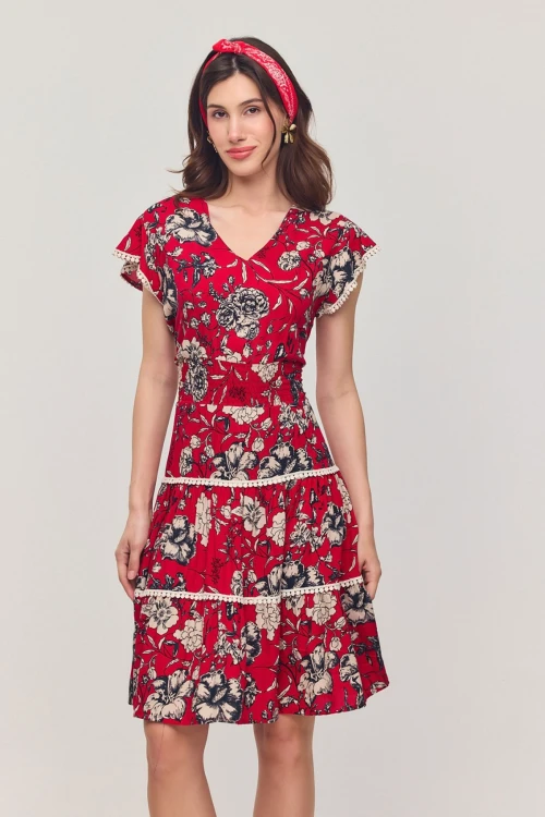 Kırmızı V Yaka Nervürlü Çiçek Desenli Yazlık Viscon Elbise BCVL-25V054