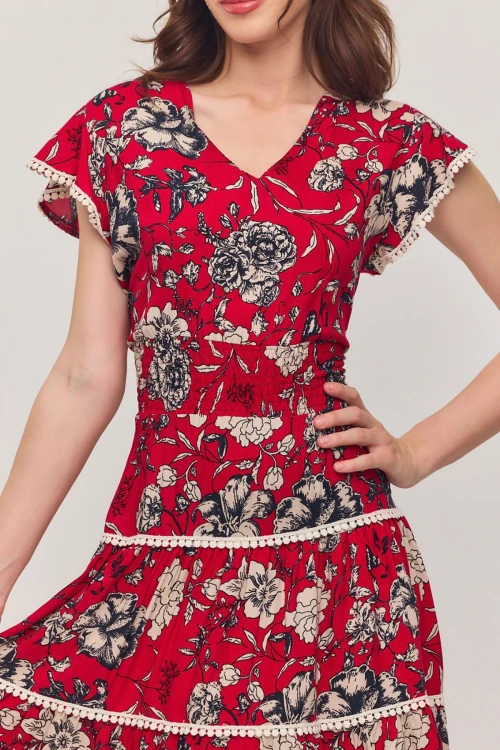 Kırmızı V Yaka Nervürlü Çiçek Desenli Yazlık Viscon Elbise BCVL-25V054