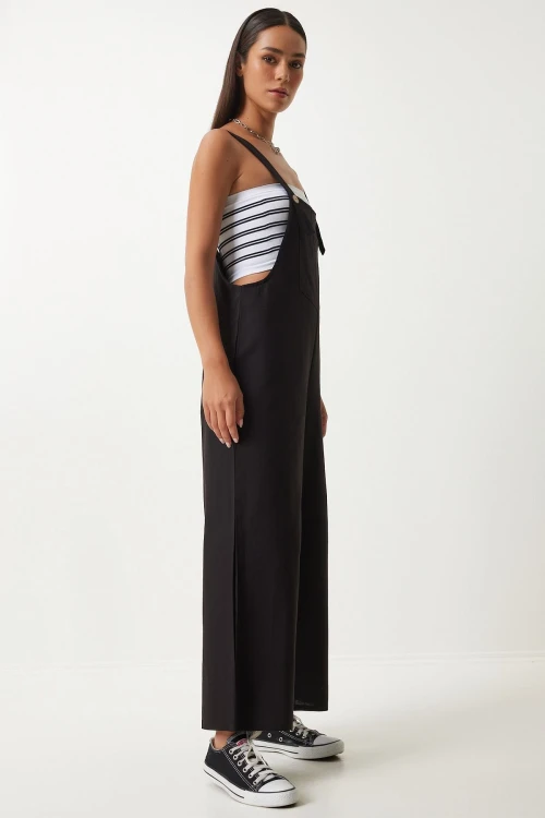 Koyu Siyah Önü Cepli Askılı Yazlık Gabardin Bahçıvan Tulum