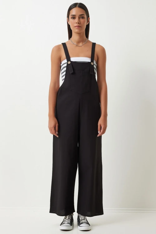 Koyu Siyah Önü Cepli Askılı Yazlık Gabardin Bahçıvan Tulum