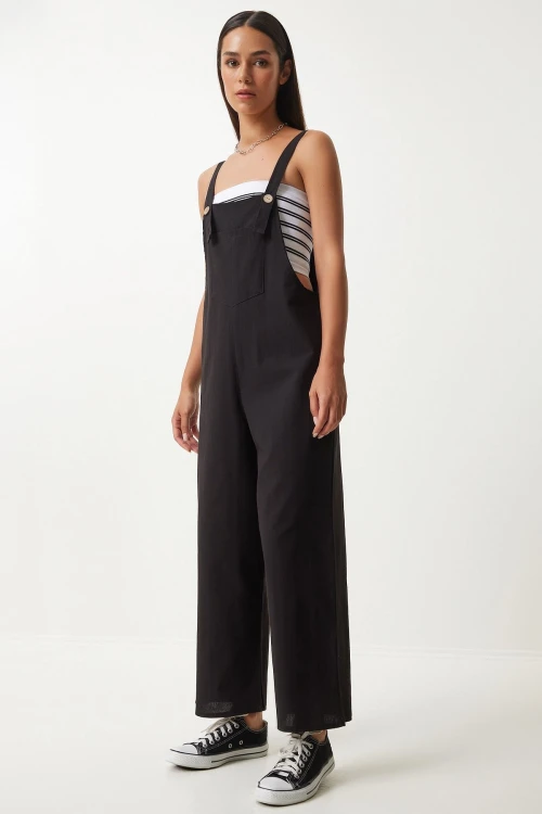 Koyu Siyah Önü Cepli Askılı Yazlık Gabardin Bahçıvan Tulum