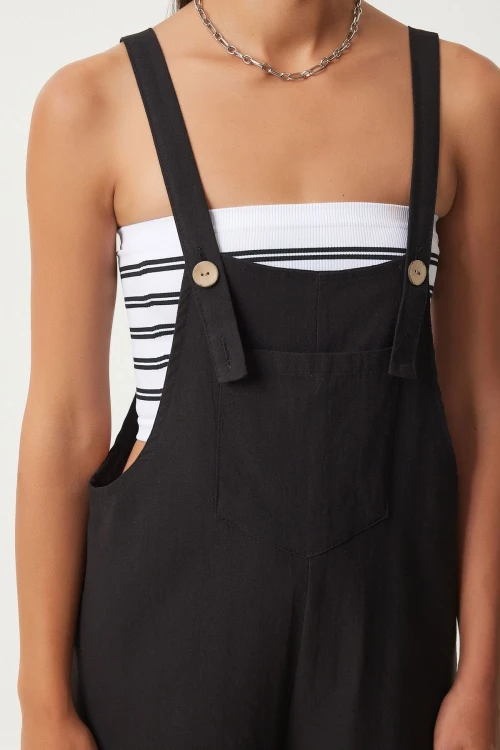 Koyu Siyah Önü Cepli Askılı Yazlık Gabardin Bahçıvan Tulum