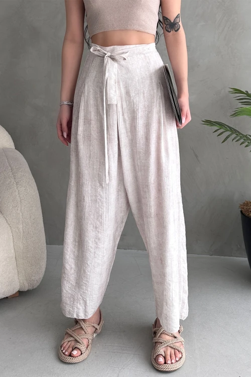 Krem Bağlamalı Anvelop Kesim Salaş Keten Dokuma Pantolon BCDF-251108