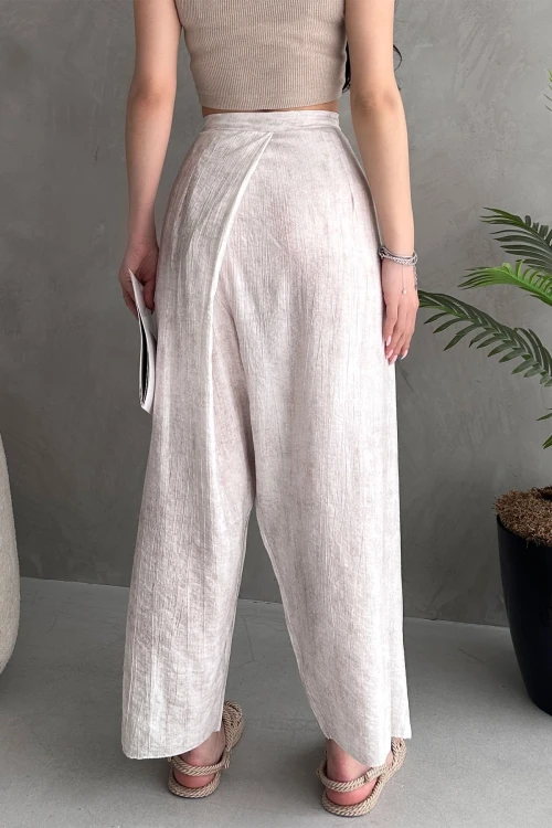 Krem Bağlamalı Anvelop Kesim Salaş Keten Dokuma Pantolon BCDF-251108