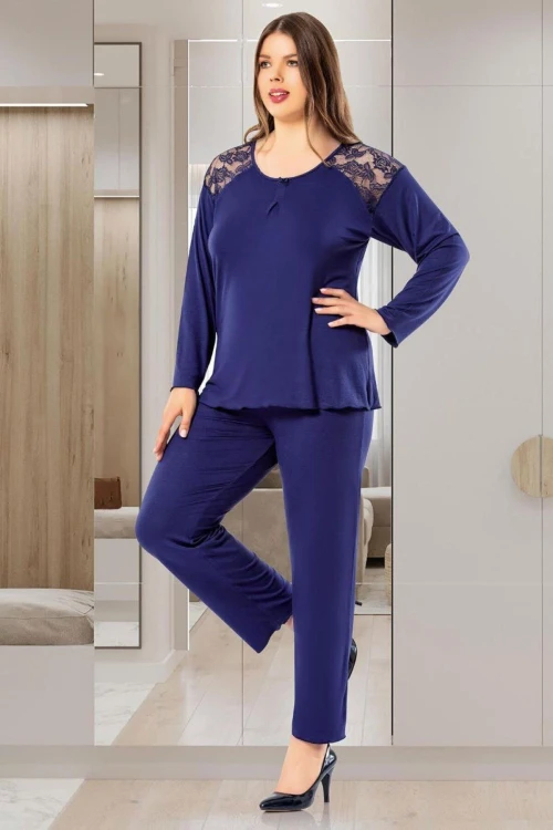 Lacivert Dantel Detaylı Battal Pijama Takımı BCAN-258805FA